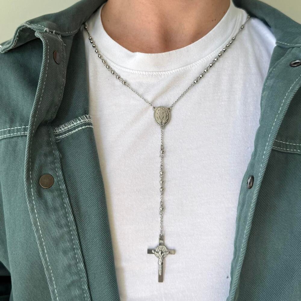Y2K Silver Rosary Necklace with Cross Pendant Stainless Steel Unisex 19-21" New